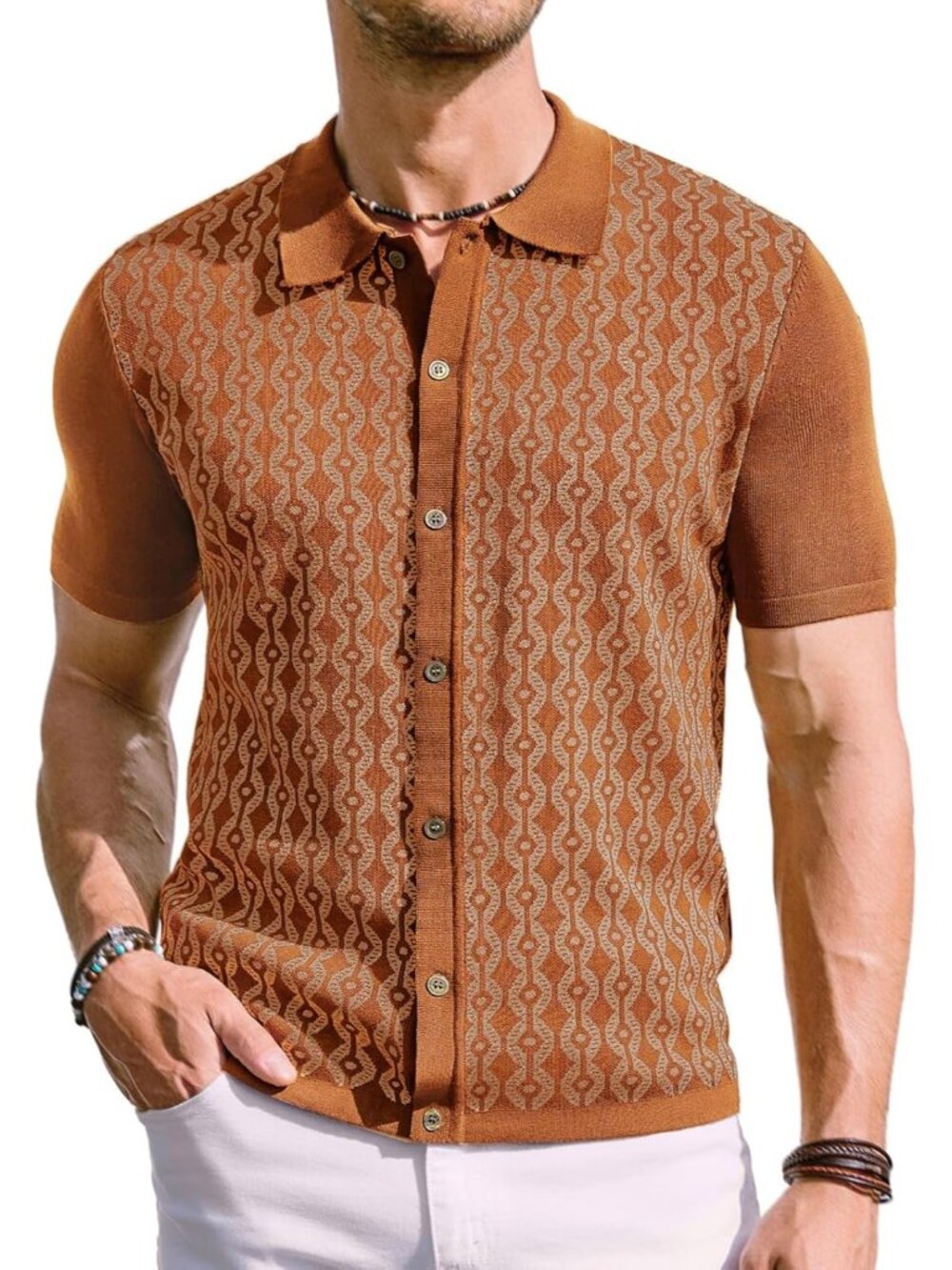 Men's Brick-red 70s Vintage Contrast Polo Short Sleeve Retro Knitwear Shirt